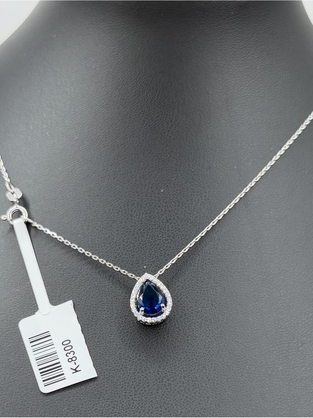 925 Sterling Silver Sapphire Blue Pear Halo Necklace 18”